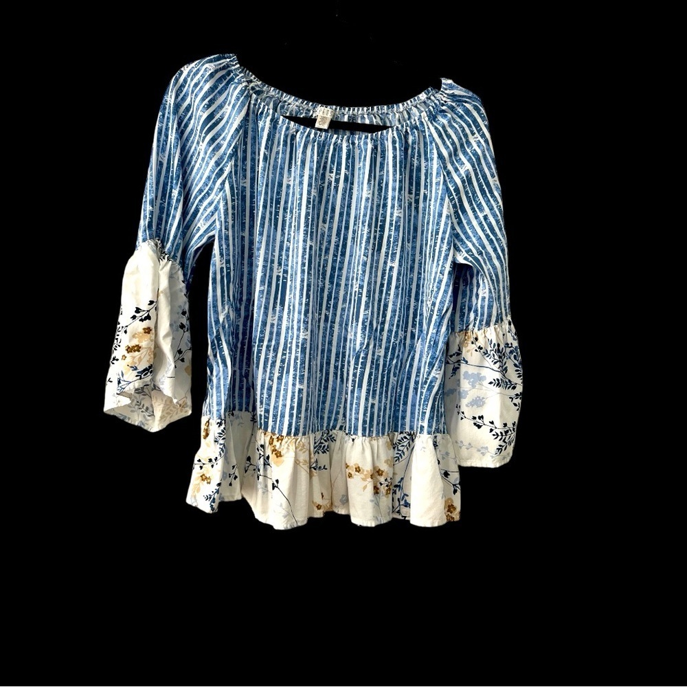 Spense Blue and White Striped Peasant Blouse with Floral Ruffle